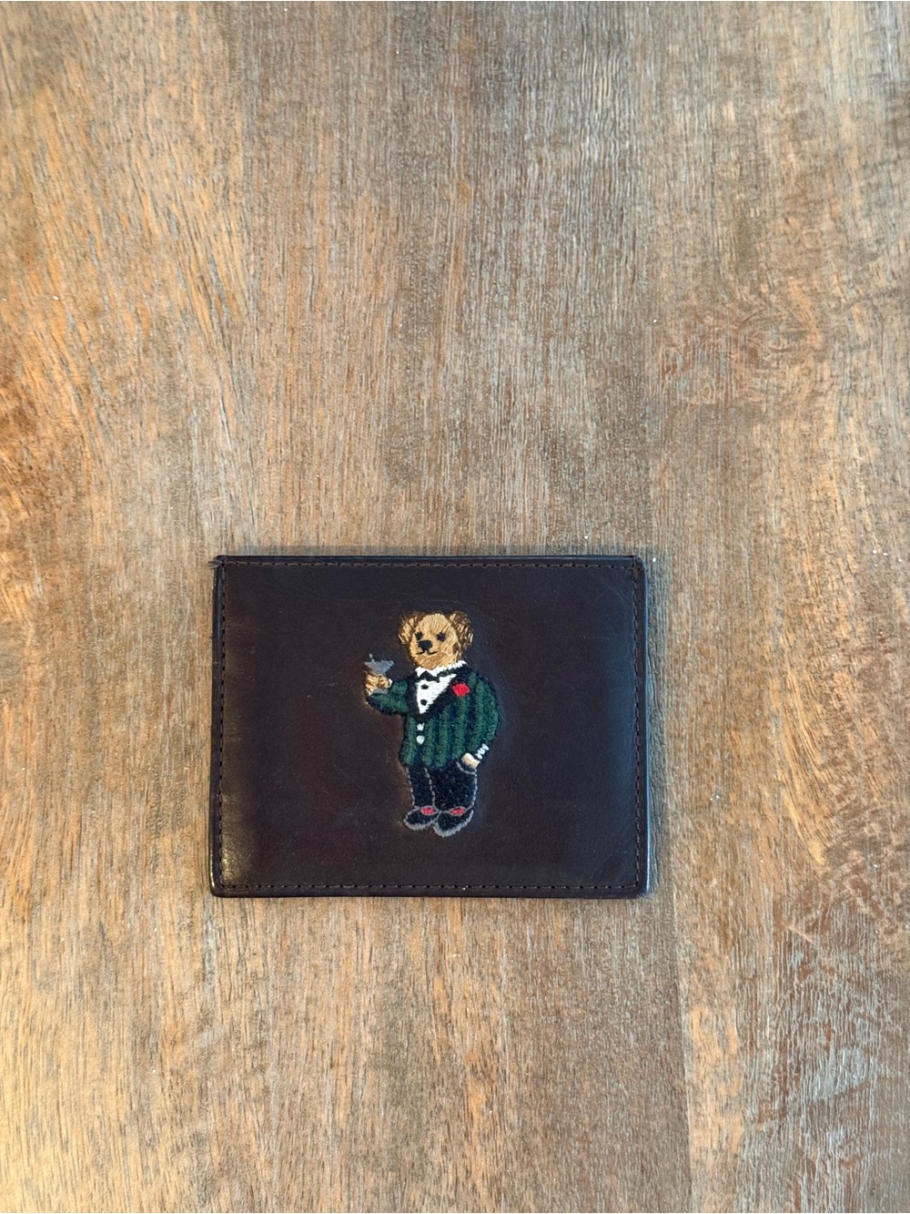 Polo by Ralph Lauren Black Leather Card Holder with Embroidered Bear